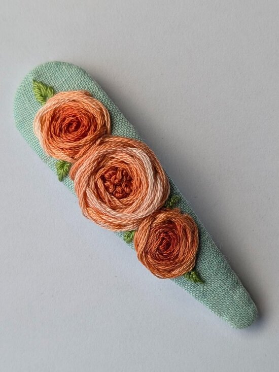 Hand Crafted Accessories - New Roses on Blue hand embroidered linen cotton large handmade hair clip